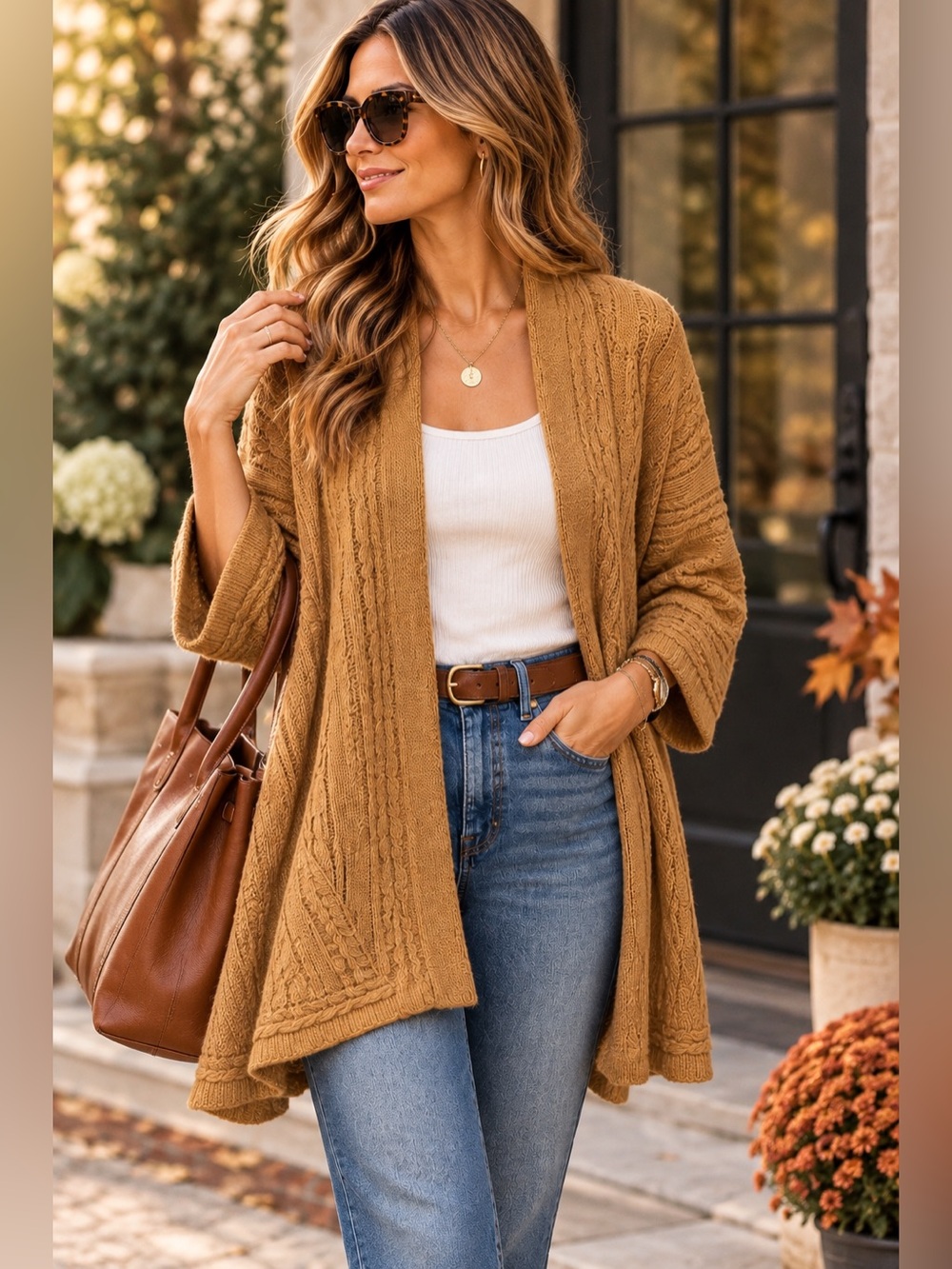 J. Jill Womens XL Camel Cable Knit Open Front Cardigan 3/4 Sleeve Sweater